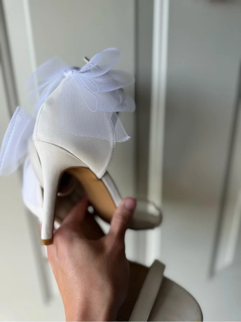 White Ankle-Strap Heels with Bridal Bow 7.5